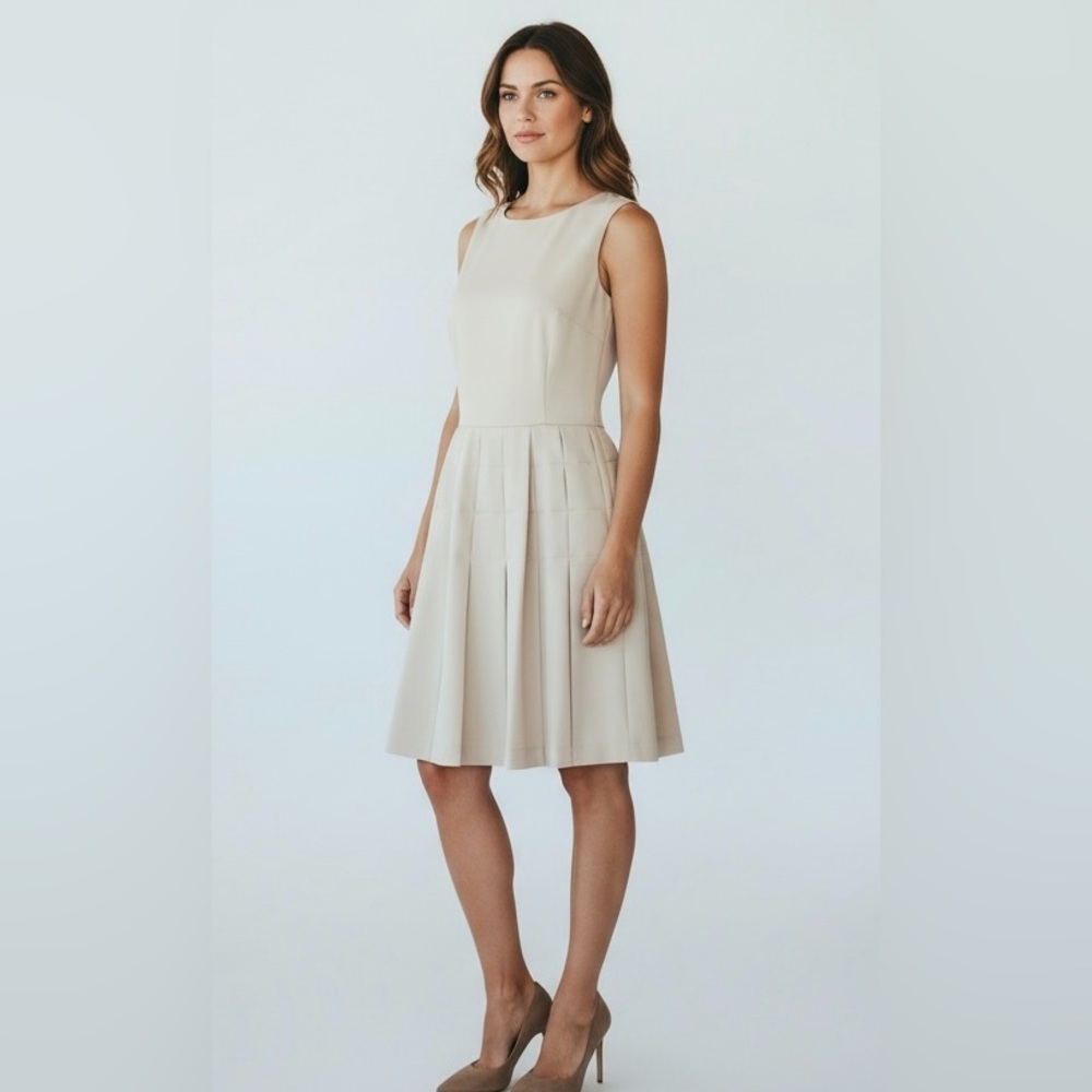 Calvin Klein Pleated Fit & Flare Dress Sleeveless Career‎ Party Beige Size 6